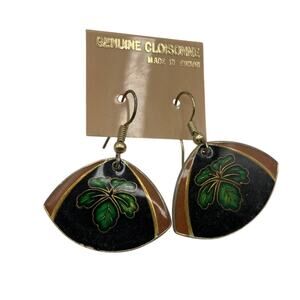 Vintage Genuine Cloisonne Dangle Earrings Black Green Leaf Gold Tone Fishhook